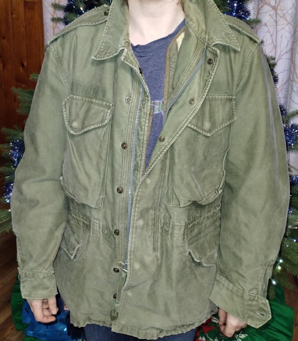 VINTAGE FIELD JACKET, M-65 OD-107 COTTON SATEEN, SIZE MED