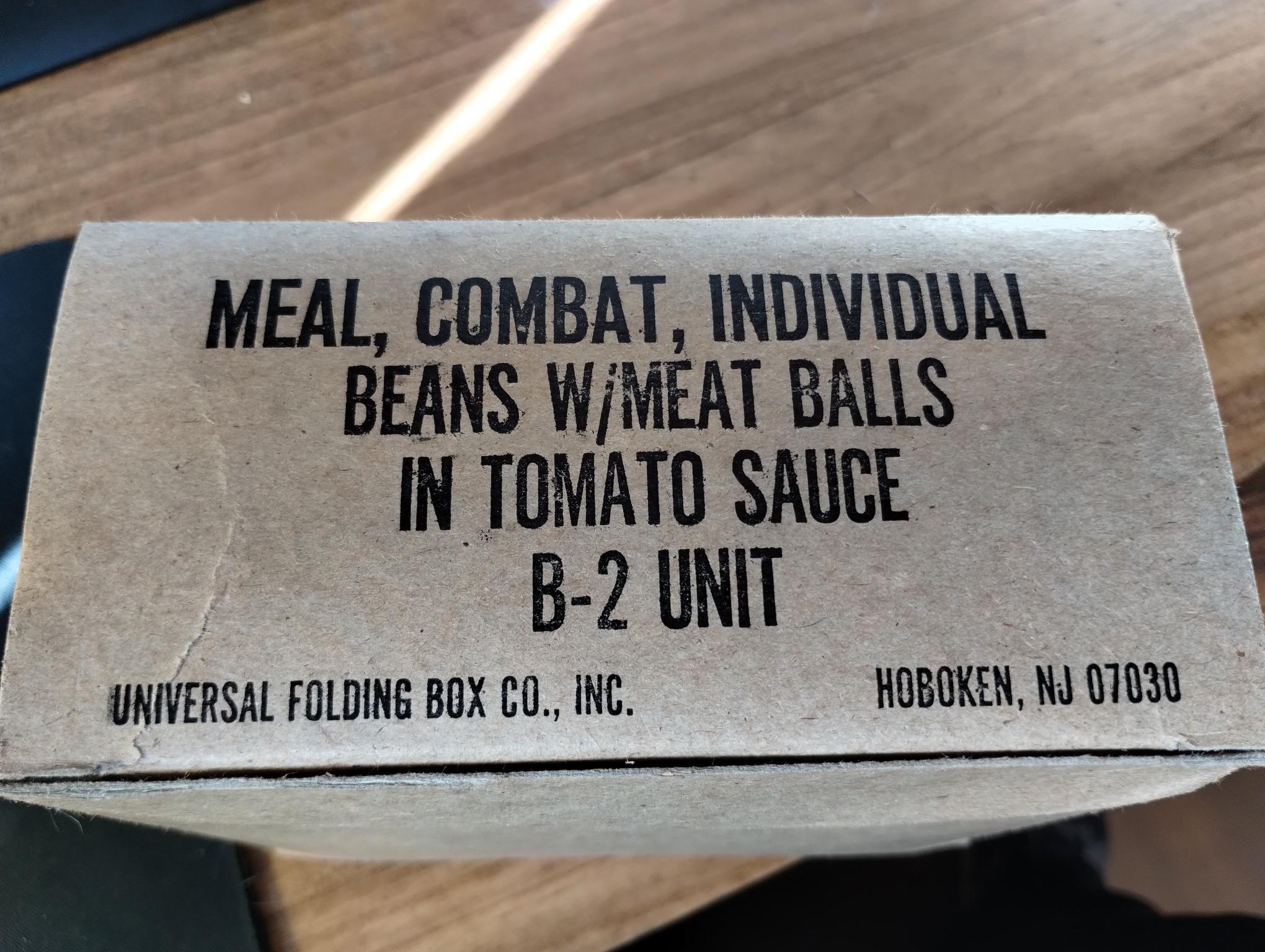 MEAL COMBAT INDIVIDUAL B-2 BEANS W/MEAT BALLS IN TOMATO SAUCE BOX ONLY